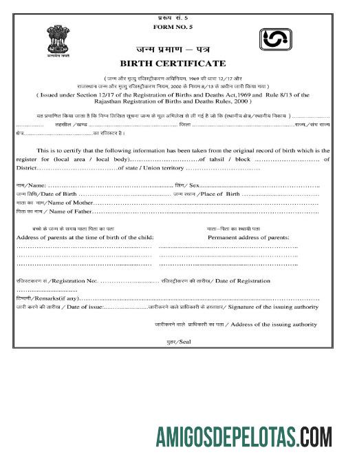 Registro de nascimentos e óbitos na Índia, Rajastão, certidão de nascimento exemplo real