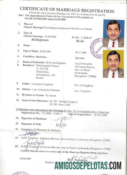 Certidão de Registro de Casamento da Índia amostra