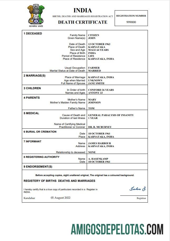 para download Modelo de Word e PDF de certidão de óbito da Índia,