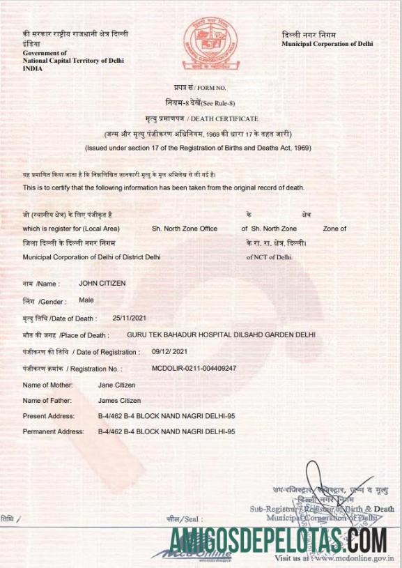 para download Modelo de certidão de óbito da Índia em formato Word e PDF