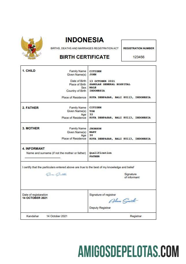 Em branco modelo Word e PDF de certidão de nascimento da Indonésia
