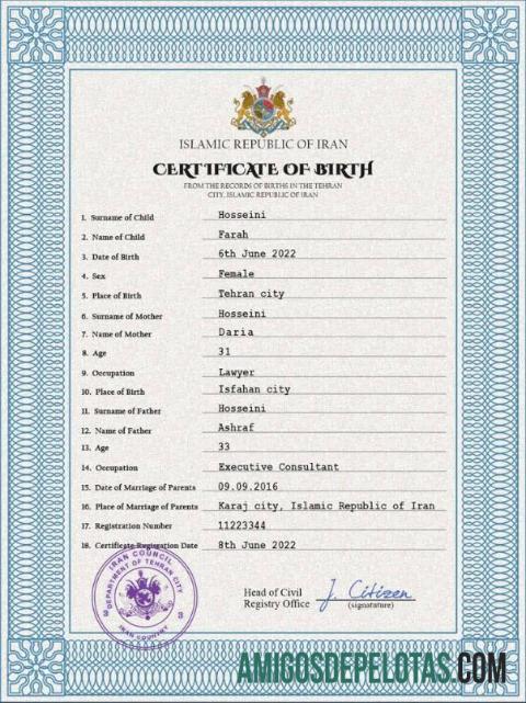 para download Modelo PSD de certidão de nascimento do Irã