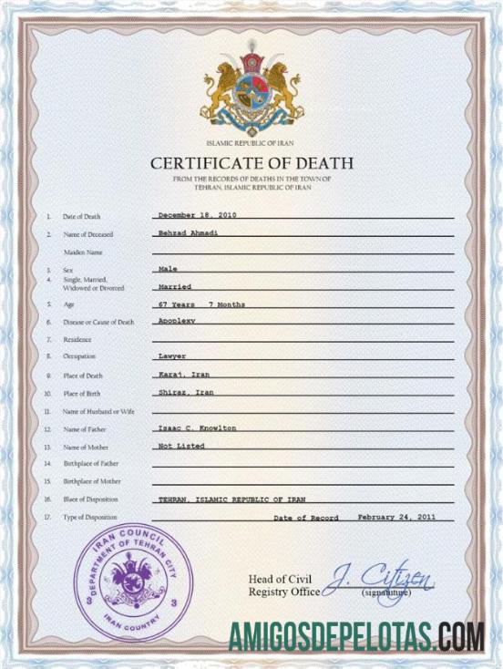 Imprimível modelo PSD de certidão de óbito do Irã