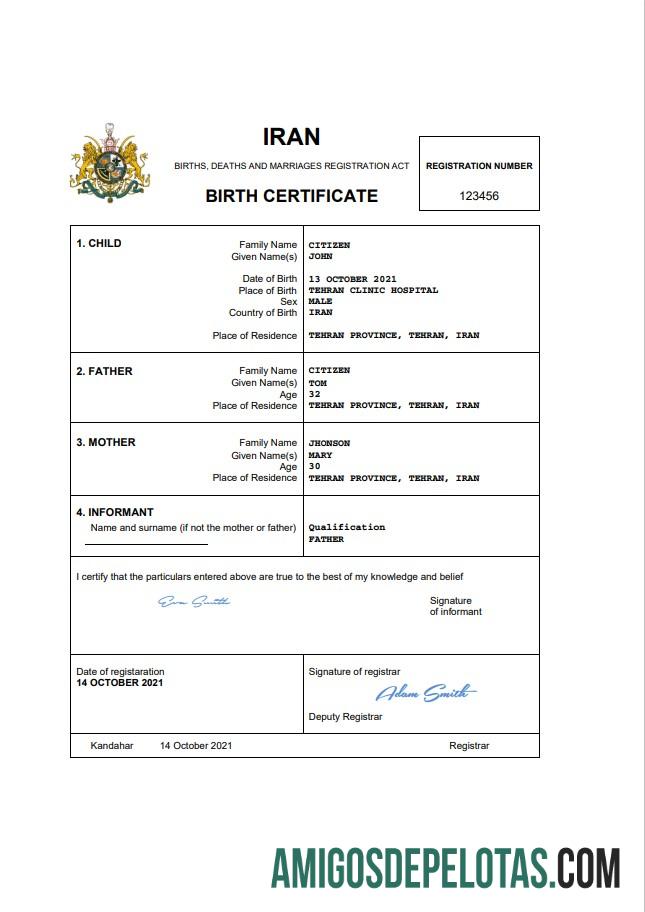 para download Modelo Word e PDF de certidão de nascimento de registro vital do Irã