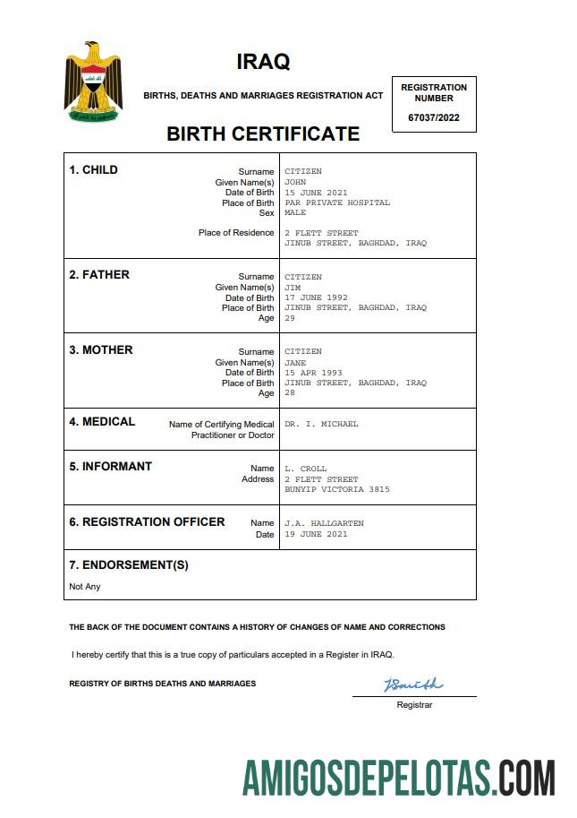 Em branco modelo Word e PDF de certidão de nascimento do Iraque