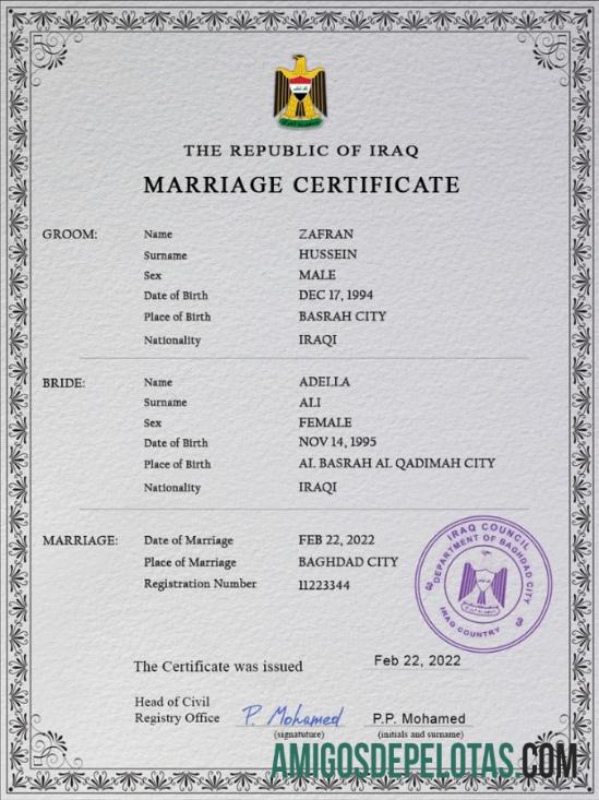 realista Modelo PSD de certidão de casamento no Iraque