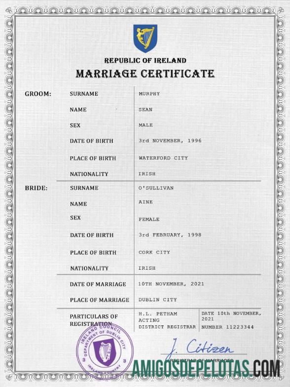 para download Modelo PSD de certidão de casamento na Irlanda