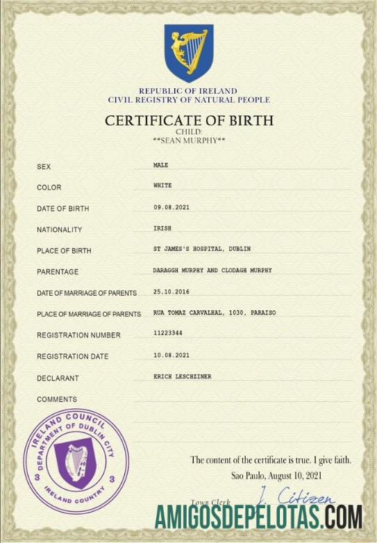 para download Modelo PSD de certidão de nascimento de registro vital da Irlanda