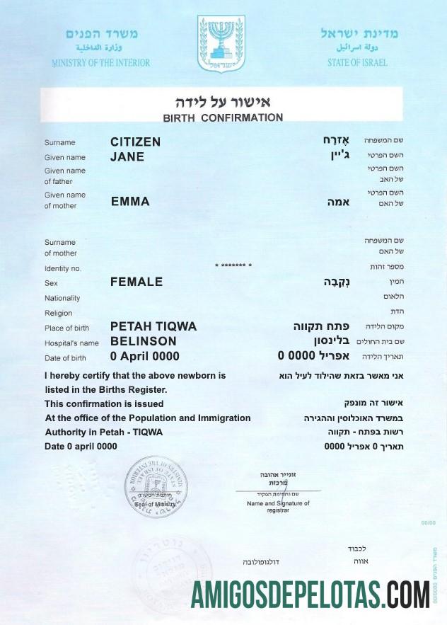 para download Modelo totalmente editável de certidão de nascimento de Israel em formato PSD