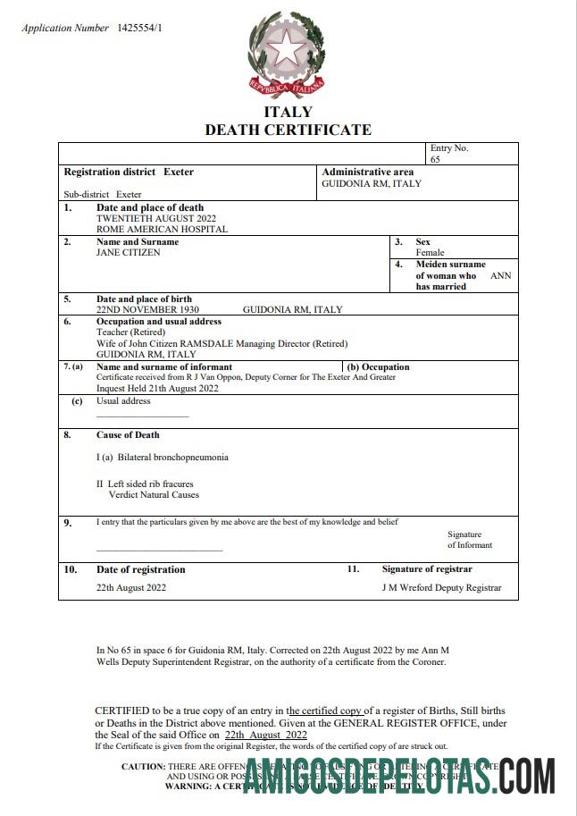para download Modelo Word e PDF de certidão de óbito de registro vital da Itália