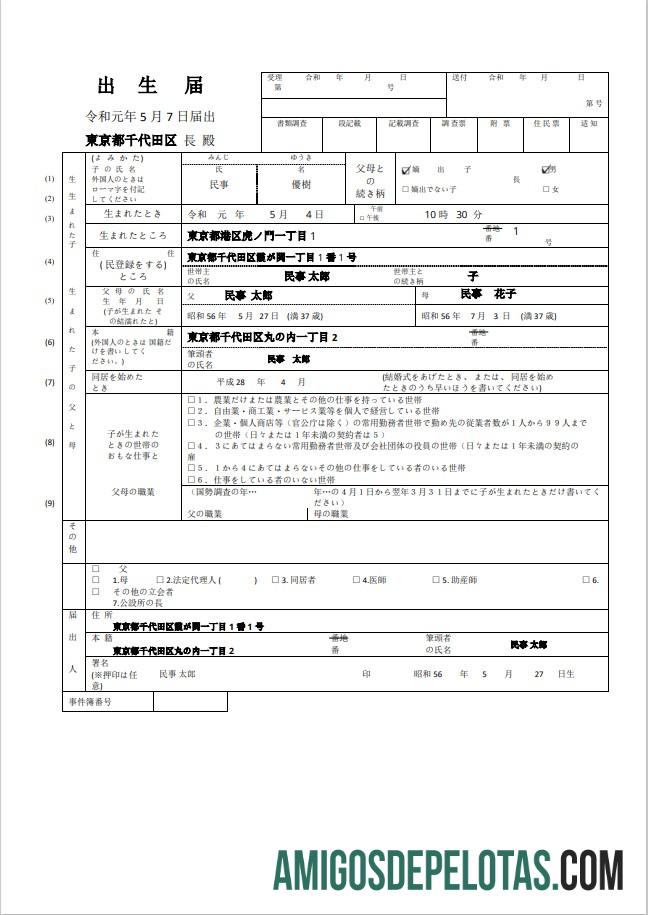 para download Modelo Word e PDF de certidão de nascimento do Japão, totalmente editável