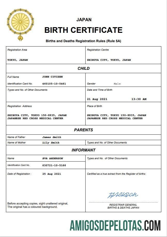 Em branco modelo Word e PDF de certidão de nascimento do Japão, totalmente editável