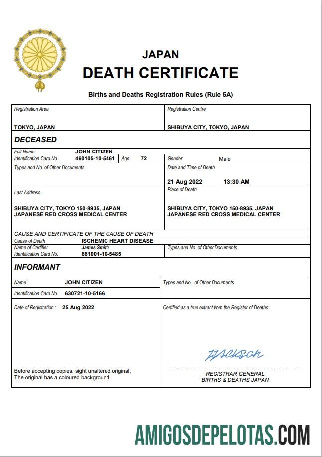 para download Modelo Word e PDF de certidão de óbito do Japão