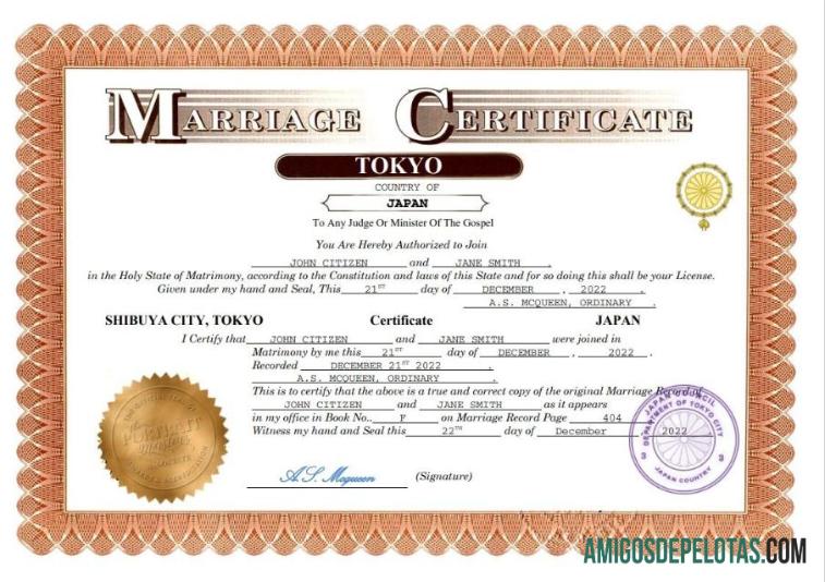 realista Modelo Word e PDF de certidão de casamento no Japão
