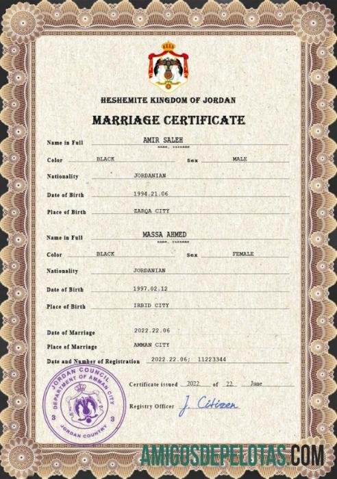 Imprimível modelo PSD de certidão de casamento na Jordânia