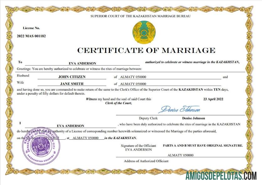 Imprimível modelo Word e PDF de certidão de casamento do Cazaquistão