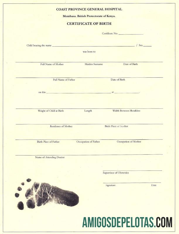 Certidão de nascimento do Hospital Geral da Província da Costa do Quênia exemplo real