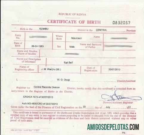 Certidão de óbito do Registro de Nascimentos do Quênia exemplo
