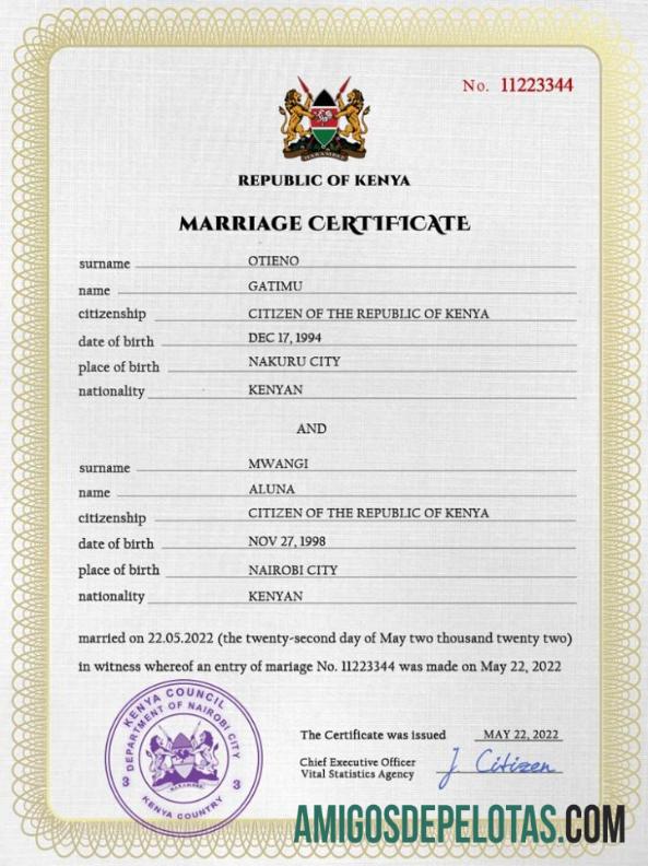 Imprimível modelo PSD de certidão de casamento do Quênia
