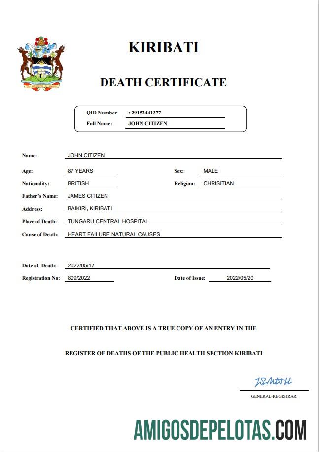 para download Modelo Word e PDF de certidão de óbito de registro vital de Kiribati