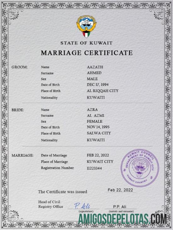 realista Modelo PSD de certidão de casamento do Kuwait