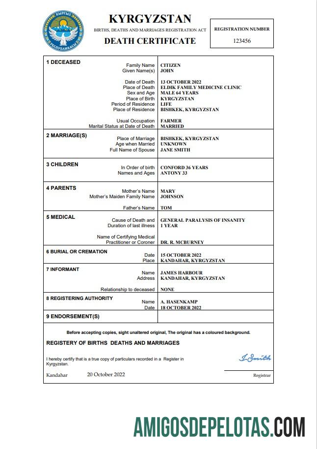 para download Modelo Word e PDF de certidão de óbito do Quirguistão