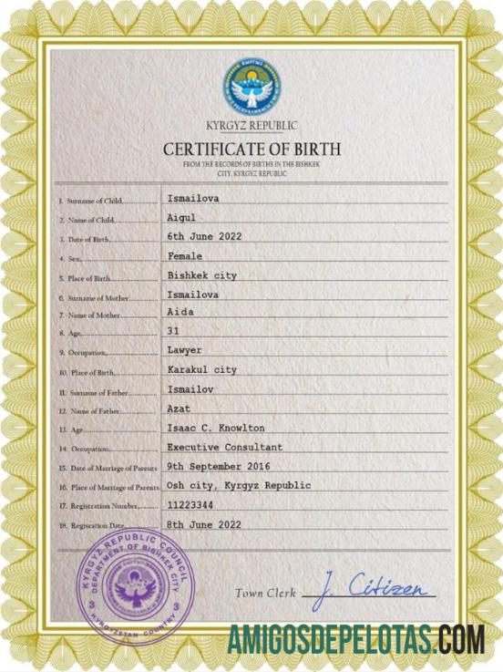 para download Modelo PSD de certidão de nascimento de registro vital do Quirguistão