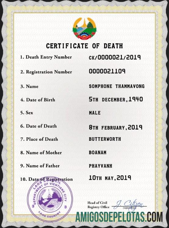 realista Modelo PSD de certidão de óbito de registro vital do Laos