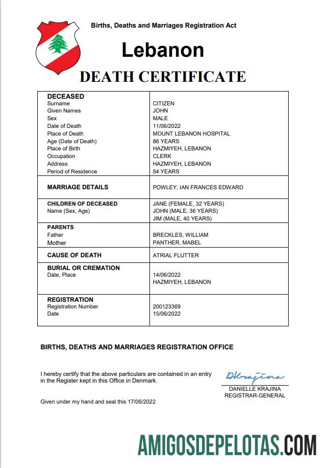 para download Modelo Word e PDF de certidão de óbito do Líbano