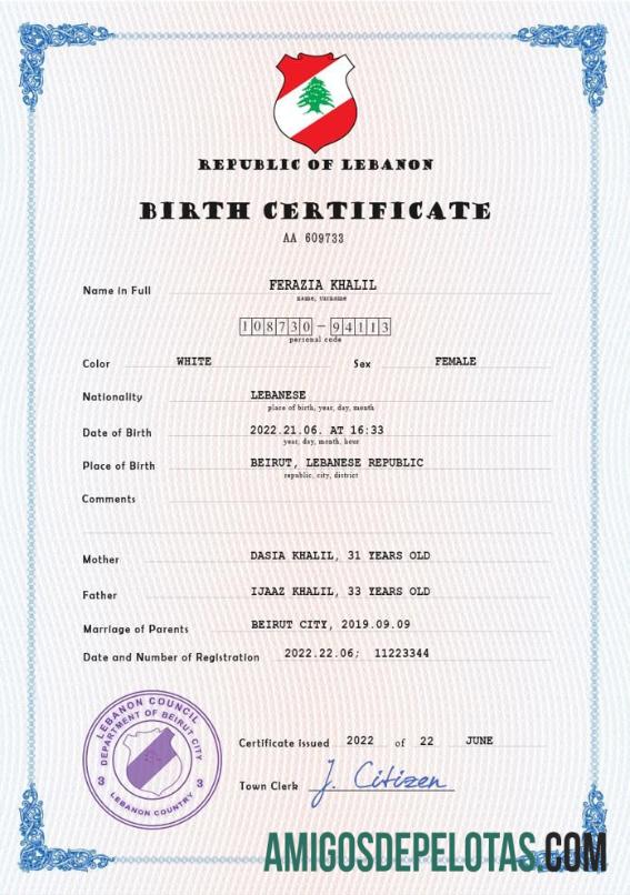 Imprimível modelo PSD de certidão de nascimento de registro vital do Líbano