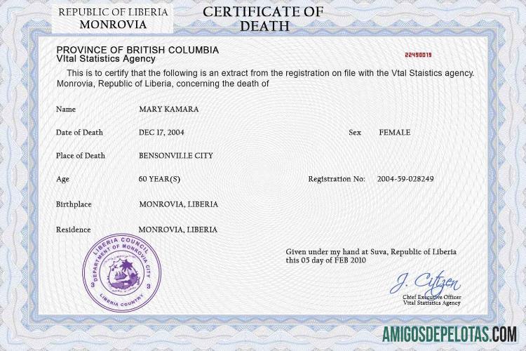realista Modelo PSD de certidão de óbito da Libéria