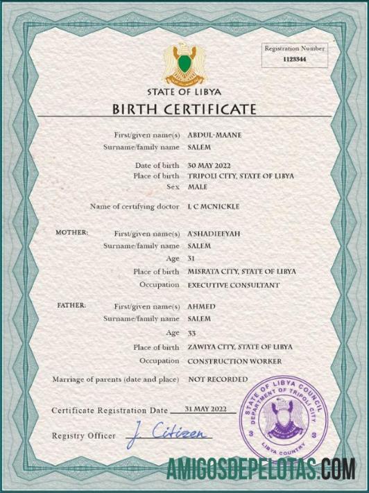 realista Modelo PSD de certidão de nascimento da Líbia