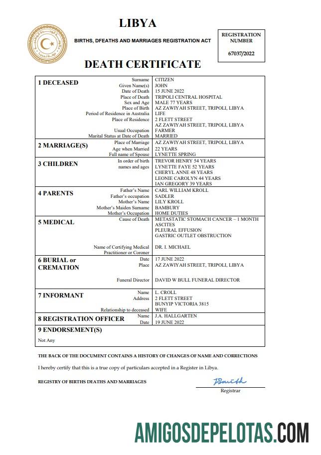 para download Modelo Word e PDF de certidão de óbito da Líbia