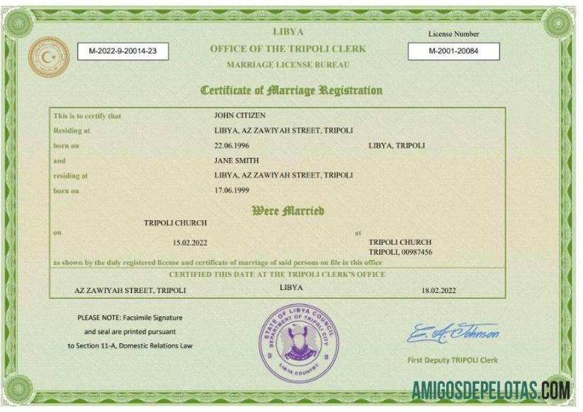 Em branco modelo Word e PDF de certidão de casamento na Líbia
