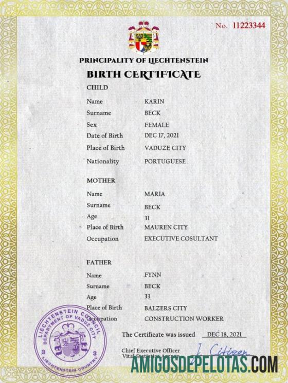 para download Modelo PSD de certidão de nascimento de registro vital de Liechtenstein