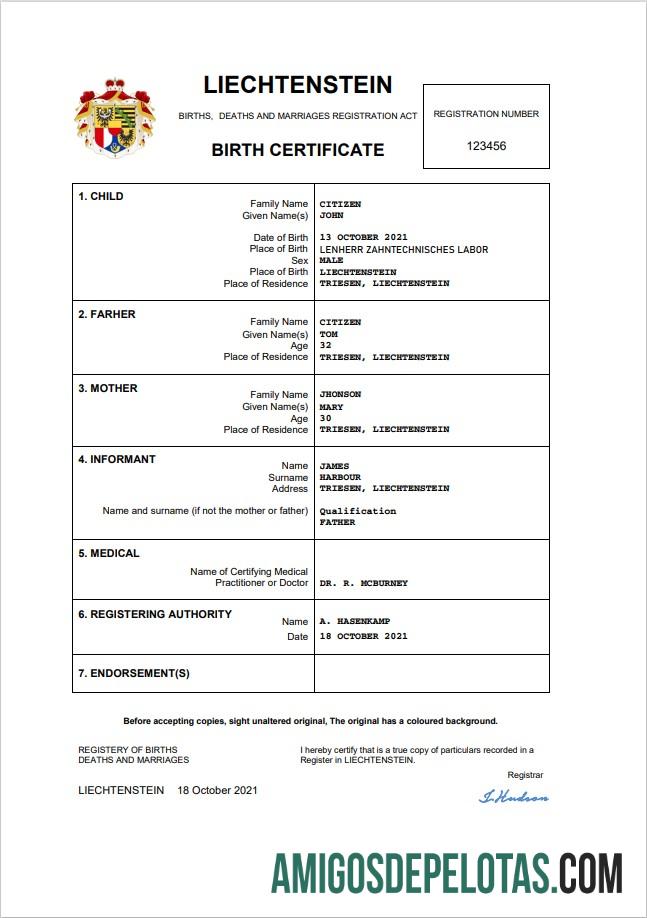 para download Modelo Word e PDF de certidão de nascimento de registro vital de Liechtenstein