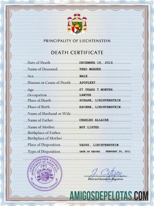 para download Modelo PSD de certidão de óbito de registro vital de Liechtenstein