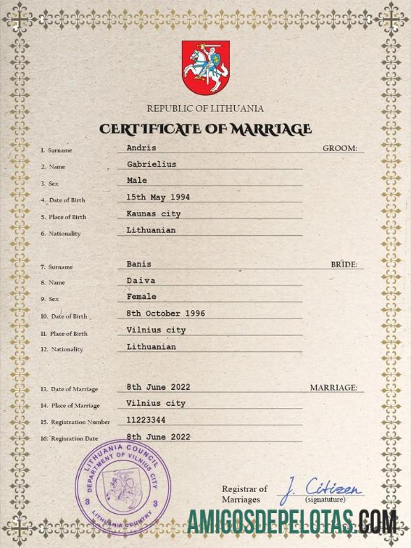 realista Modelo PSD de certidão de casamento da Lituânia
