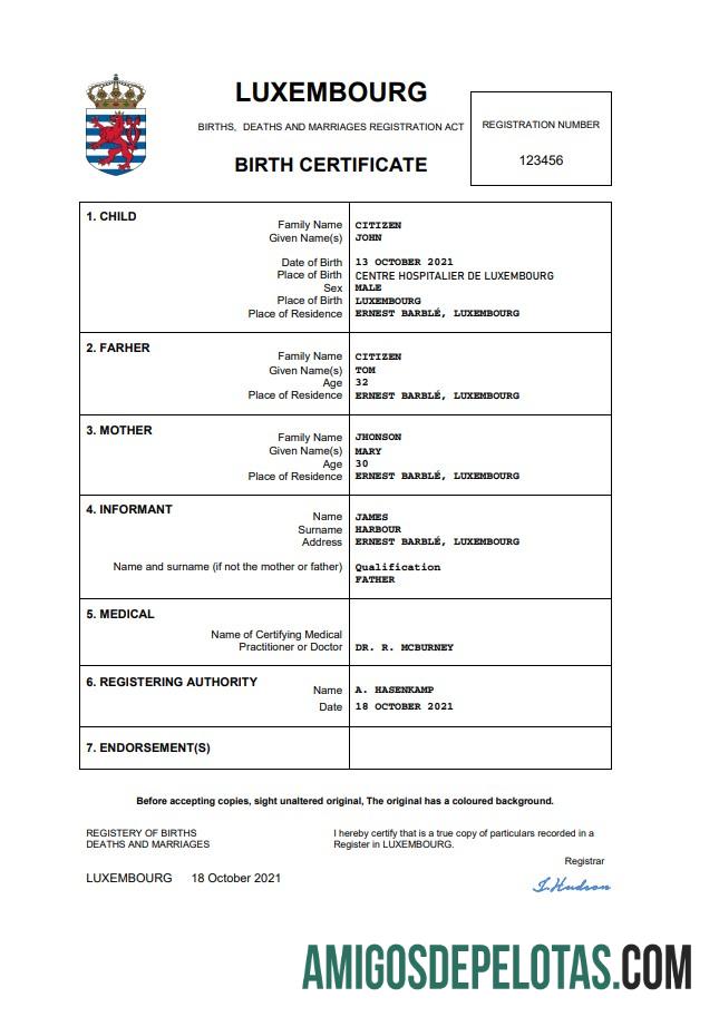 Imprimível modelo Word e PDF de certidão de nascimento de Luxemburgo