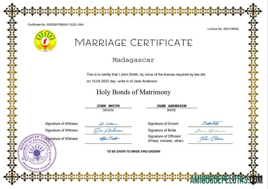Em branco modelo Word e PDF de certidão de casamento de Madagascar