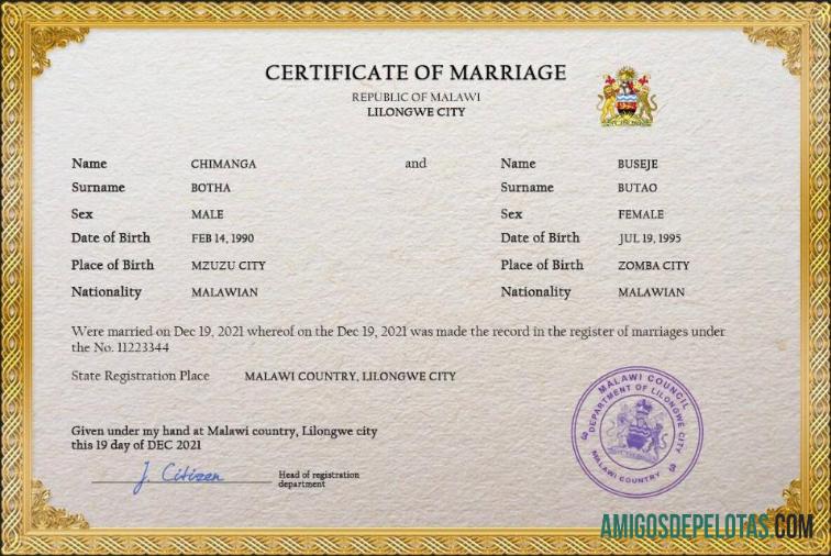 realista Modelo PSD de certidão de casamento do Malawi