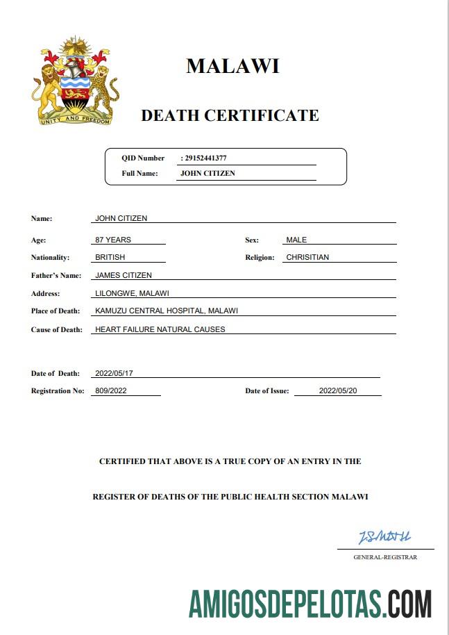 para download Modelo Word e PDF de certidão de óbito de registro vital do Malawi