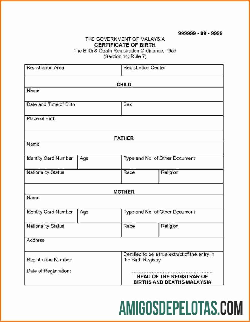 Malásia A Certidão de Nascimento da Portaria de Registro de Nascimento e Óbito amostra