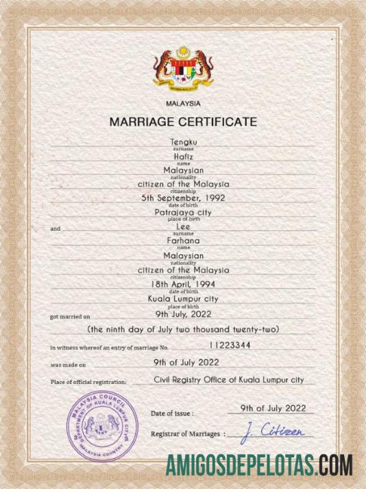 Em branco modelo PSD de certidão de casamento da Malásia