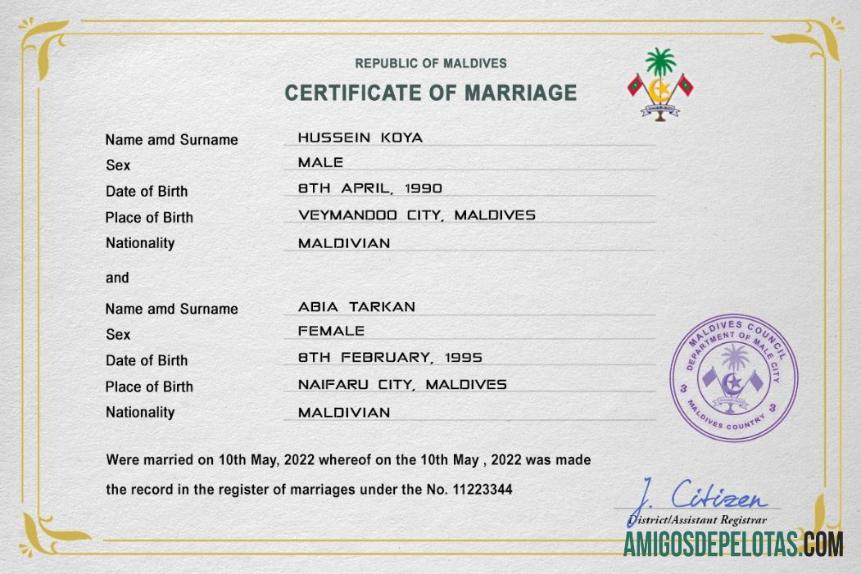 realista Modelo PSD de certidão de casamento das Maldivas