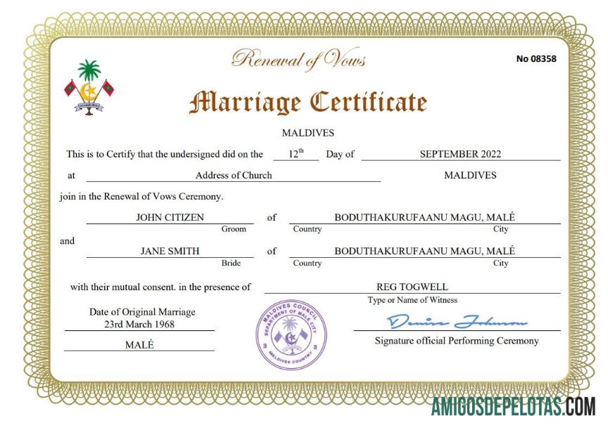 para download Modelo Word e PDF de certidão de casamento das Maldivas