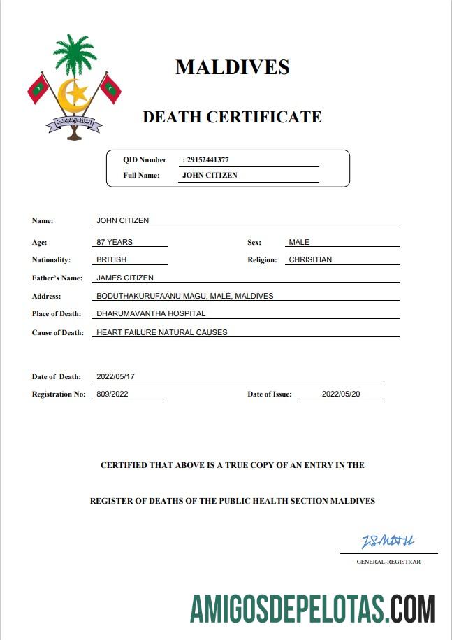 para download Modelo Word e PDF de certidão de óbito de registro vital das Maldivas