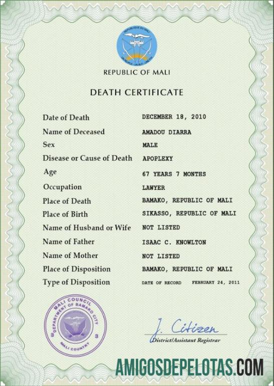 realista Modelo PSD de certidão de óbito de Mali