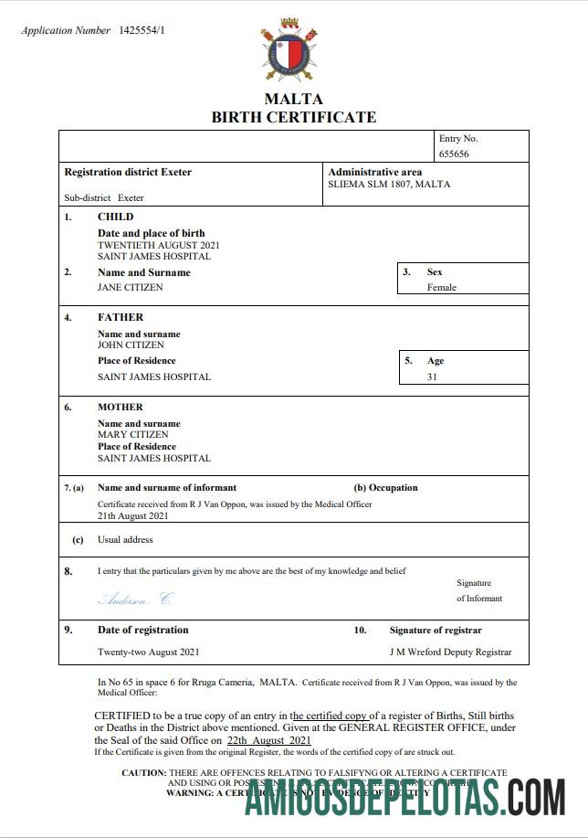 para download Modelo Word e PDF de certidão de nascimento de Malta