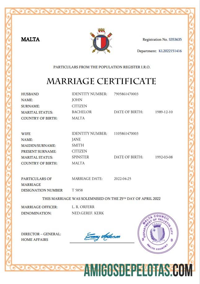 Imprimível modelo Word e PDF de certidão de casamento em Malta